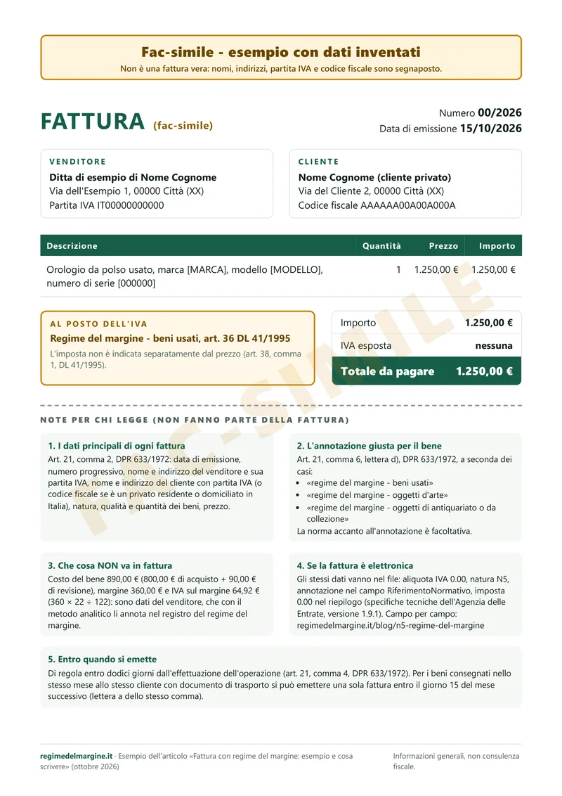 Fac-simile di fattura in regime del margine: orologio usato a 1.250 euro, IVA non esposta